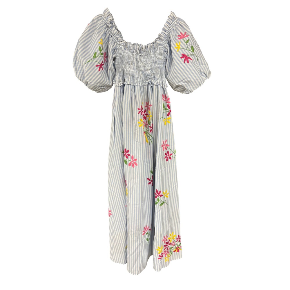 Mi Golondrina Embroidered Floral Smocked Puff Sleeve Striped Midi Dress Blue XS
